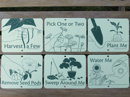 Illustrated garden signs that invite hands-on gardening. Can be attached to bamboo stakes, fences, etc. Includes: harvest a few, pick one or two, plant me, remove seed pods, sweep around me, and water me. For horticultural therapy and school gardens
